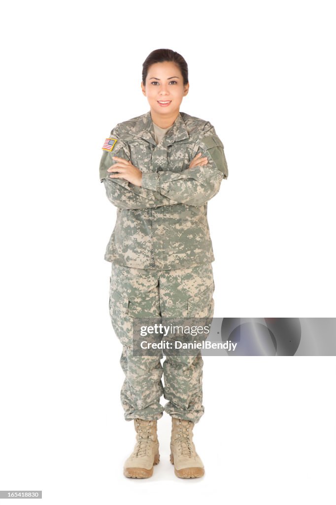 Female American Soldier in Army Camouflage uniform