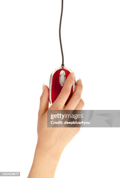 woman hand holding red pc mouse on white - egyptische mau stockfoto's en -beelden