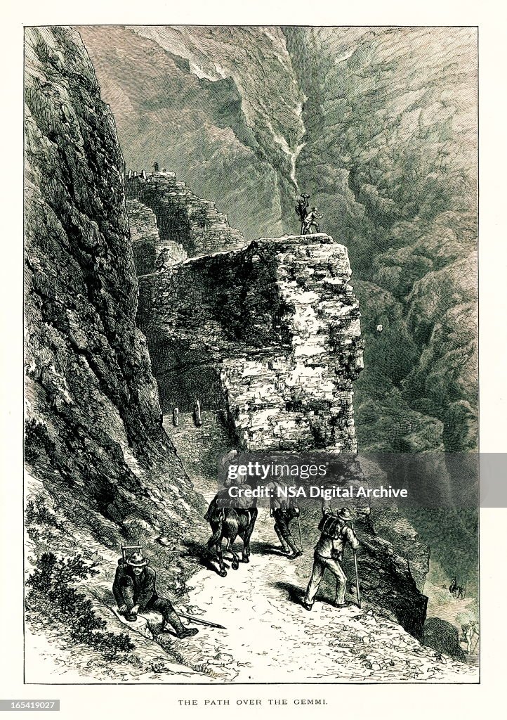 Path over Gemmi Pass, Switzerland I Antique European Illustrations