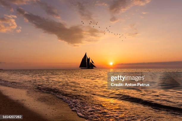 beautiful sailboat at sunset in the sea - windjammer stock-fotos und bilder