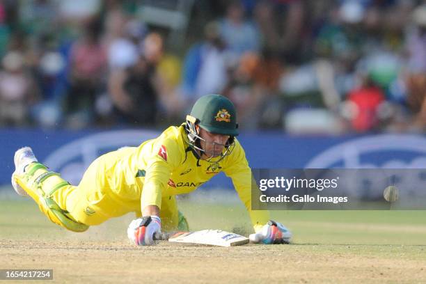 Alex Carey of Australia during the 2nd Betway One Day International match between South Africa and Australia at Mangaung Oval on September 09, 2023...