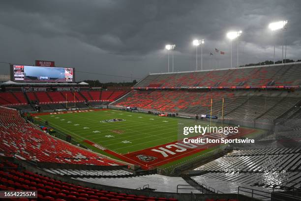 Storms clouds loom over Carter-Finley Stadium prior to the College Football game between the Notre Dame Fighting Irish and the North Carolina State...