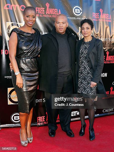 Sidra Smith, Jeff Clanagan and director Shola Lynch attend the "Free Angela and All Political Prisoners" New York Premiere at The Schomburg Center...