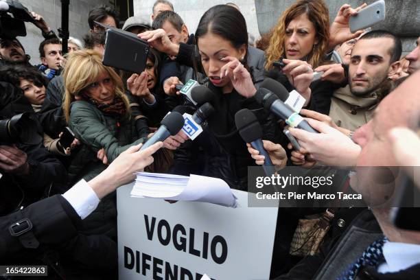 Karima El Mahroug speaks to members of the media during a protest in front of Palazzo di Giustizia on April 4, 2013 in Milan, Italy. Karima El...