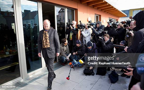 Peer Steinbrueck , candidate for chancellor of the German Social Democrats , gives statements to the media while visiting the 'Factory,' a center of...