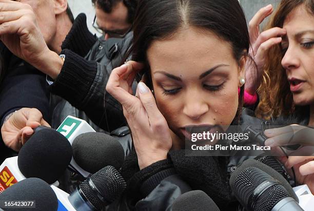 Karima El Mahroug cries as she reads a statement to members of the media during a protest in front of Palazzo di Giustizia on April 4, 2013 in Milan,...