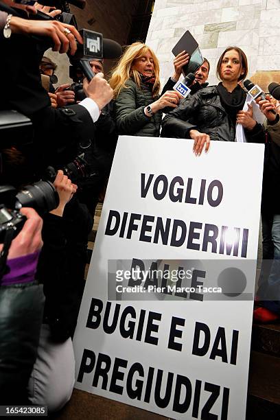 Karima El Mahroug protests in front of Palazzo di Giustizia on April 4, 2013 in Milan, Italy. Karima El Mahroug better known as 'Ruby the Heart...
