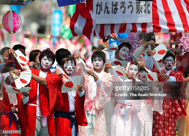 Fishermen and boys dressed and make-up as women dance during annual Ose Festival on April 4, 2013 in Numazu, Shizuoka, Japan. The festival, to pray...