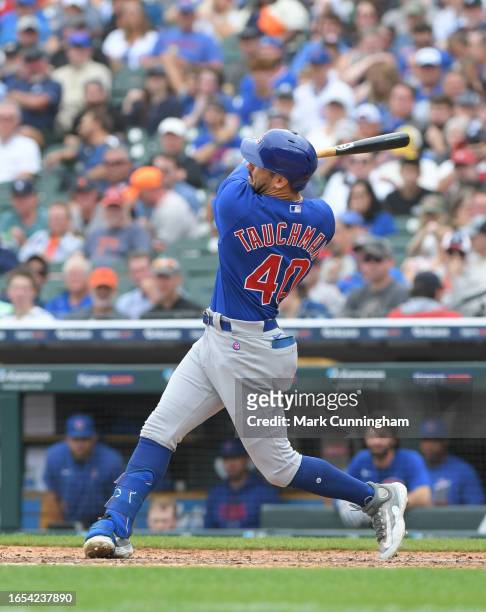 Mike Tauchman of the Chicago Cubs bats during the game against the Detroit Tigers at Comerica Park on August 23, 2023 in Detroit, Michigan. The Cubs...