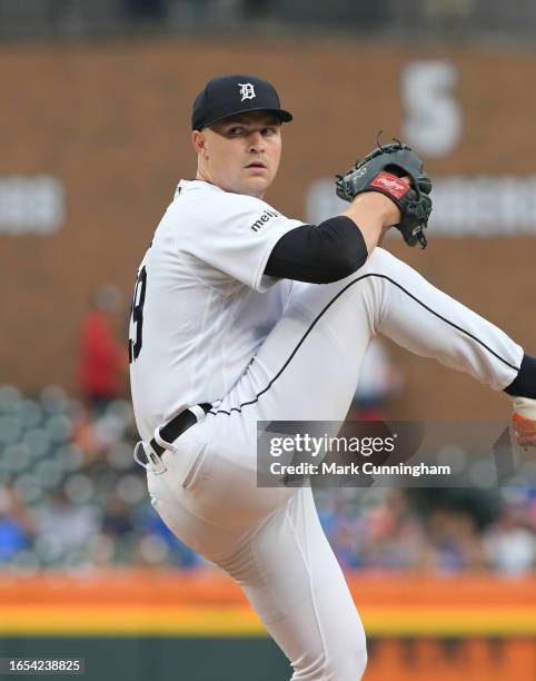 Tarik Skubal of the Detroit Tigers pitches during the game against the Chicago Cubs at Comerica Park on August 23, 2023 in Detroit, Michigan. The...