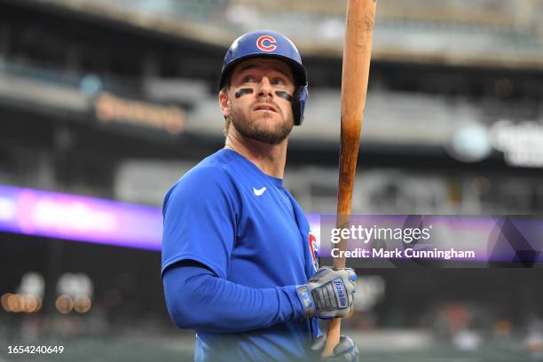 Patrick Wisdom of the Chicago Cubs looks on while waiting on-deck to bat during the game against the Detroit Tigers at Comerica Park on August 23,...