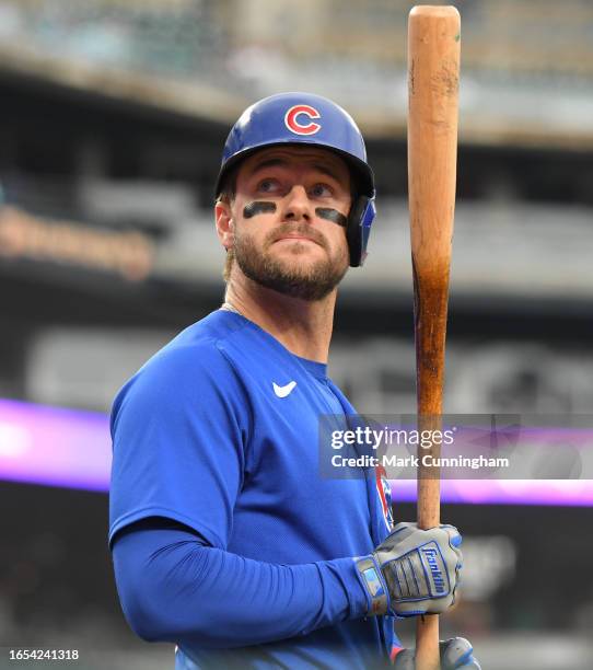 Patrick Wisdom of the Chicago Cubs looks on while waiting on-deck to bat during the game against the Detroit Tigers at Comerica Park on August 23,...