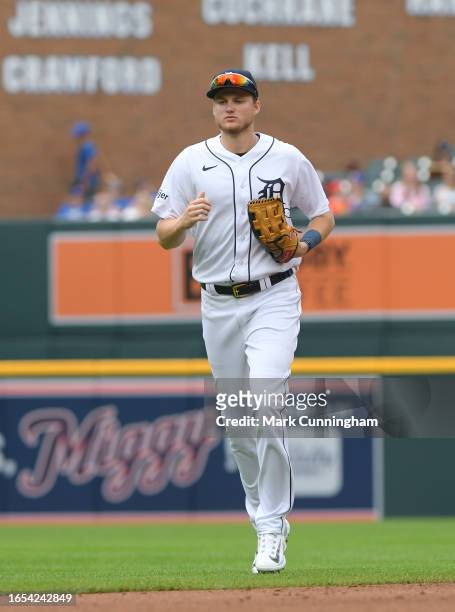 Parker Meadows of the Detroit Tigers runs off the field during the game against the Chicago Cubs at Comerica Park on August 23, 2023 in Detroit,...