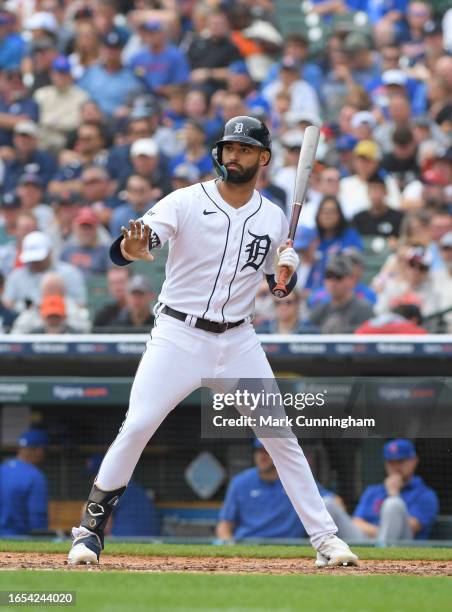 Riley Greene of the Detroit Tigers looks on while batting during the game against the Chicago Cubs at Comerica Park on August 23, 2023 in Detroit,...