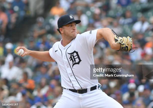 Beau Brieske of the Detroit Tigers pitches during the game against the Chicago Cubs at Comerica Park on August 23, 2023 in Detroit, Michigan. The...