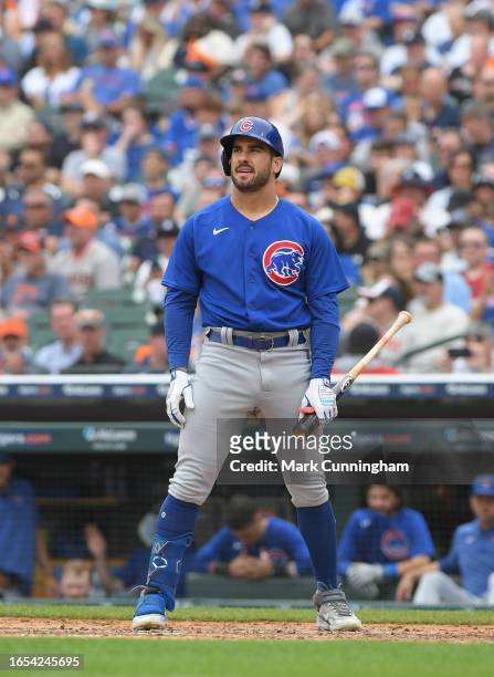 Mike Tauchman of the Chicago Cubs looks on while batting during the game against the Detroit Tigers at Comerica Park on August 23, 2023 in Detroit,...