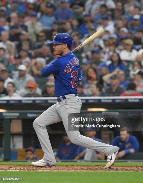 Cody Bellinger of the Chicago Cubs bats during the game against the Detroit Tigers at Comerica Park on August 23, 2023 in Detroit, Michigan. The Cubs...