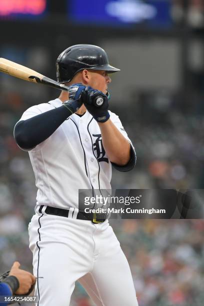Spencer Torkelson of the Detroit Tigers bats during the game against the Chicago Cubs at Comerica Park on August 23, 2023 in Detroit, Michigan. The...
