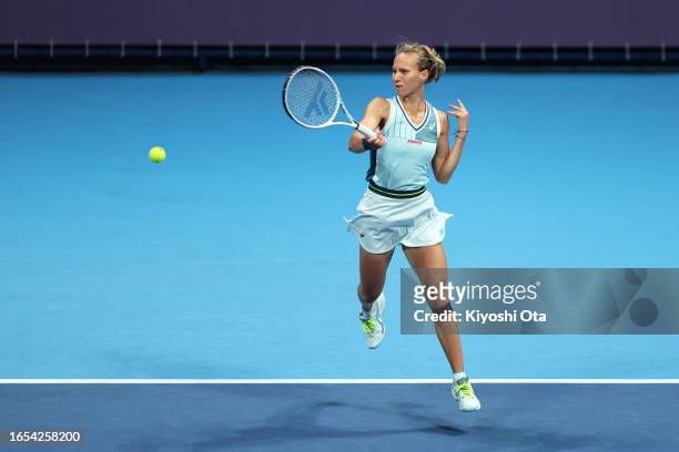 Viktorija Golubic of Switzerland plays in the Women's Singles final match against Wang Xiyu of China during the 2023 ITF World Tennis Tour W100 Tokyo...