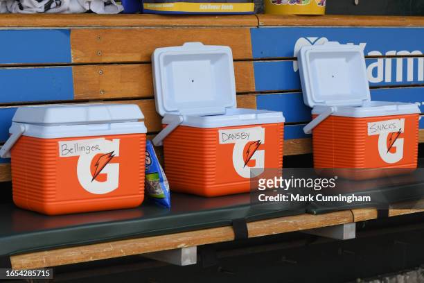 Detailed view of a group of Gatorade coolers sitting in the the Chicago Cubs dugout after the game against the Detroit Tigers at Comerica Park on...