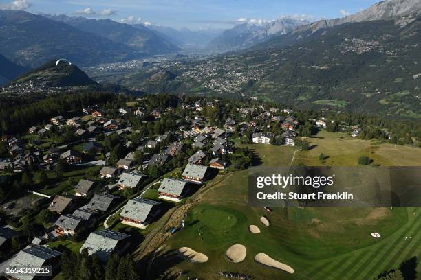 General view over the seventh green during Day Three of the Omega European Masters at Crans-sur-Sierre Golf Club on September 02, 2023 in...