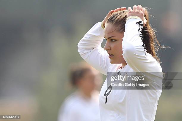 Silvana Chojnowski of Germany reacts during the Women's UEFA U19 Euro Qualification match between U19 Germany and U19 Spain at Waldstadion in...