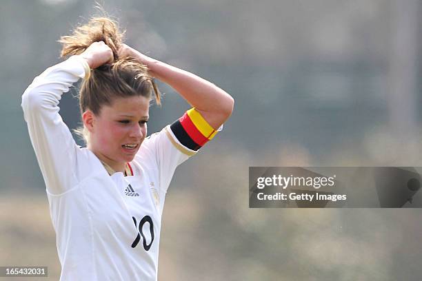 Melanie Leupolz of Germany reacts during the Women's UEFA U19 Euro Qualification match between U19 Germany and U19 Spain at Waldstadion in Viernheim...