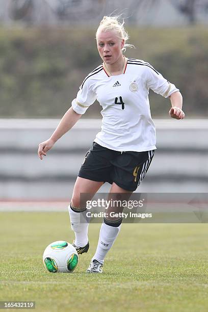 Merle Barth of Germany controls the ball during the Women's UEFA U19 Euro Qualification match between U19 Germany and U19 Spain at Waldstadion in...