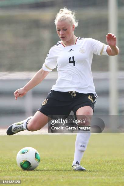 Merle Barth of Germany controls the ball during the Women's UEFA U19 Euro Qualification match between U19 Germany and U19 Spain at Waldstadion in...