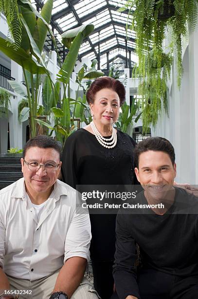 Kamala Sukosol, President of the Sukosol Hotels & Sukosol Group, posing for a portrait at the new Siam Hotel with her sons, Sukie Clapp and Krissada...