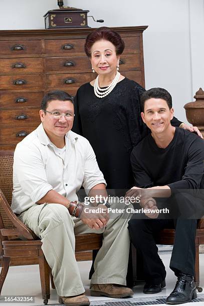 Kamala Sukosol, President of the Sukosol Hotels & Sukosol Group, posing for a portrait at the new Siam Hotel with her sons, Sukie Clapp and Krissada...