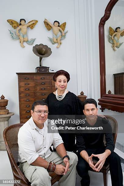 Kamala Sukosol, President of the Sukosol Hotels & Sukosol Group, posing for a portrait at the new Siam Hotel with her sons, Sukie Clapp and Krissada...