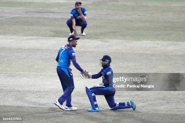 Dasun Shanaka of Sri Lanka and Kusal Mendis of Sri Lanka during the Asia Cup match between Sri Lanka and Bangladesh at R. Premadasa Stadium on...