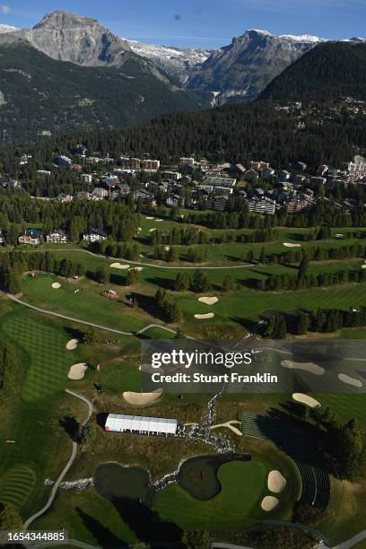 General view over the 14th green during Day Three of the Omega European Masters at Crans-sur-Sierre Golf Club on September 02, 2023 in Crans-Montana,...