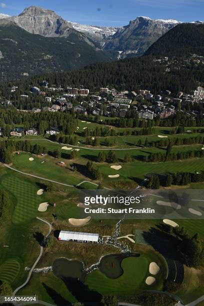 General view over the 14th green during Day Three of the Omega European Masters at Crans-sur-Sierre Golf Club on September 02, 2023 in Crans-Montana,...