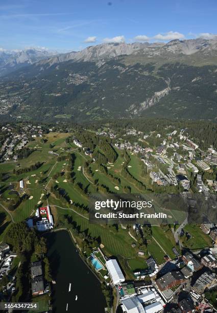 General view over the 1golf course during Day Three of the Omega European Masters at Crans-sur-Sierre Golf Club on September 02, 2023 in...