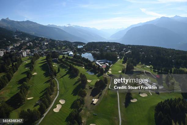 General view over the 1golf course during Day Three of the Omega European Masters at Crans-sur-Sierre Golf Club on September 02, 2023 in...