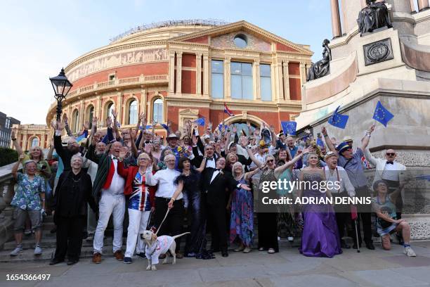 Group of pro-EU activists and concert-goers pose for a photograph as they arrive at the Royal Albert Hall in London on September 9 for the Last Night...