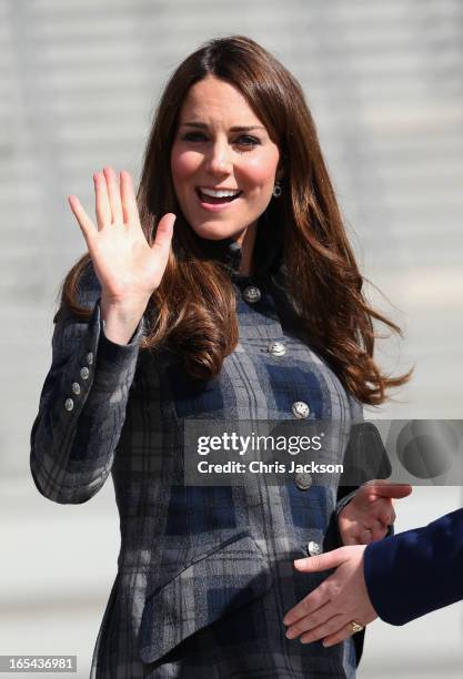 Catherine, Countess of Strathearn waves as she visits the Emirates Arena on April 4, 2013 in Glasgow, Scotland. The Emirates Arena will play host to...