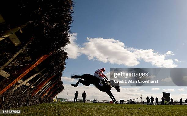 Wayne Hutchinson riding L'Unique clear the last to win the matalan Anniversay 4-Y-O Juvenile Hurdle Race at Aintree racecourse on April 04, 2013 in...