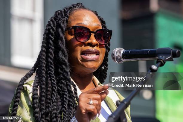 Radio presenter Angie Greaves speaks during the induction of Shalamar at the Music Walk of Fame in Camden on 9 September 2023 in London, United...