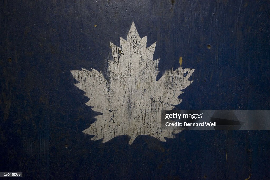 BW_Gardens092909 An old style rendition of the Toronto Maple Leafs logo is painted on a large box ab