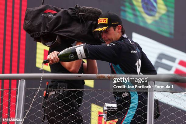 Race winner Franco Colapinto of Argentina and MP Motorsport celebrates on the podium during the Round 10:Monza Sprint race of the Formula 3...