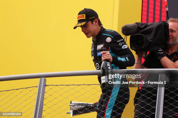 Race winner Franco Colapinto of Argentina and MP Motorsport celebrates on the podium during the Round 10:Monza Sprint race of the Formula 3...