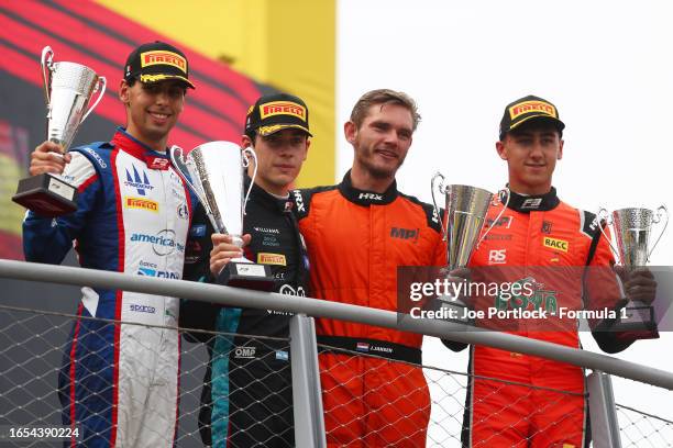 Race winner Franco Colapinto of Argentina and MP Motorsport , Second placed Gabriel Bortoleto of Brazil and Trident , Third placed Mari Boya of Spain...