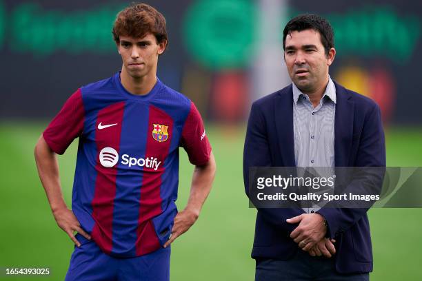 Anderson Luis de Souza 'Deco' and Joao Felix during his unveiling of as new FC Barcelona players at Ciutat Esportiva Joan Gamper on September 02,...