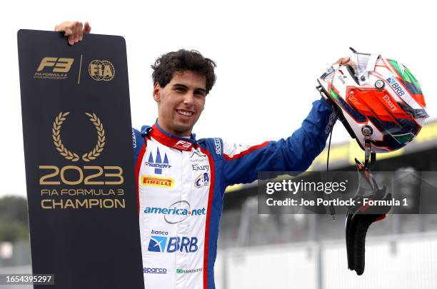 Champion and Second placed Gabriel Bortoleto of Brazil and Trident celebrates in parc ferme during the Round 10:Monza Sprint race of the Formula 3...