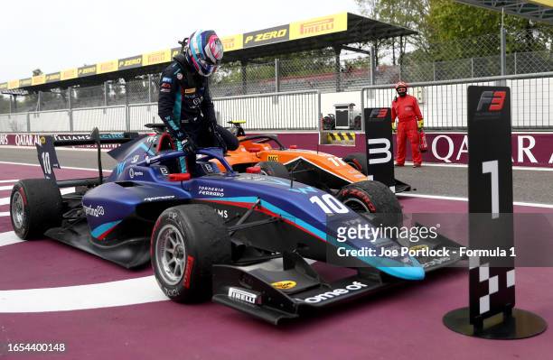 Race winner Franco Colapinto of Argentina and MP Motorsport celebrates in parc ferme during the Round 10:Monza Sprint race of the Formula 3...