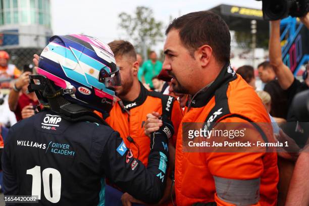 Race winner Franco Colapinto of Argentina and MP Motorsport celebrates in parc ferme during the Round 10:Monza Sprint race of the Formula 3...