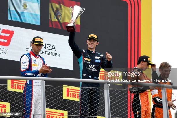 Race winner Franco Colapinto of Argentina and MP Motorsport celebrates on the podium during the Round 10:Monza Sprint race of the Formula 3...